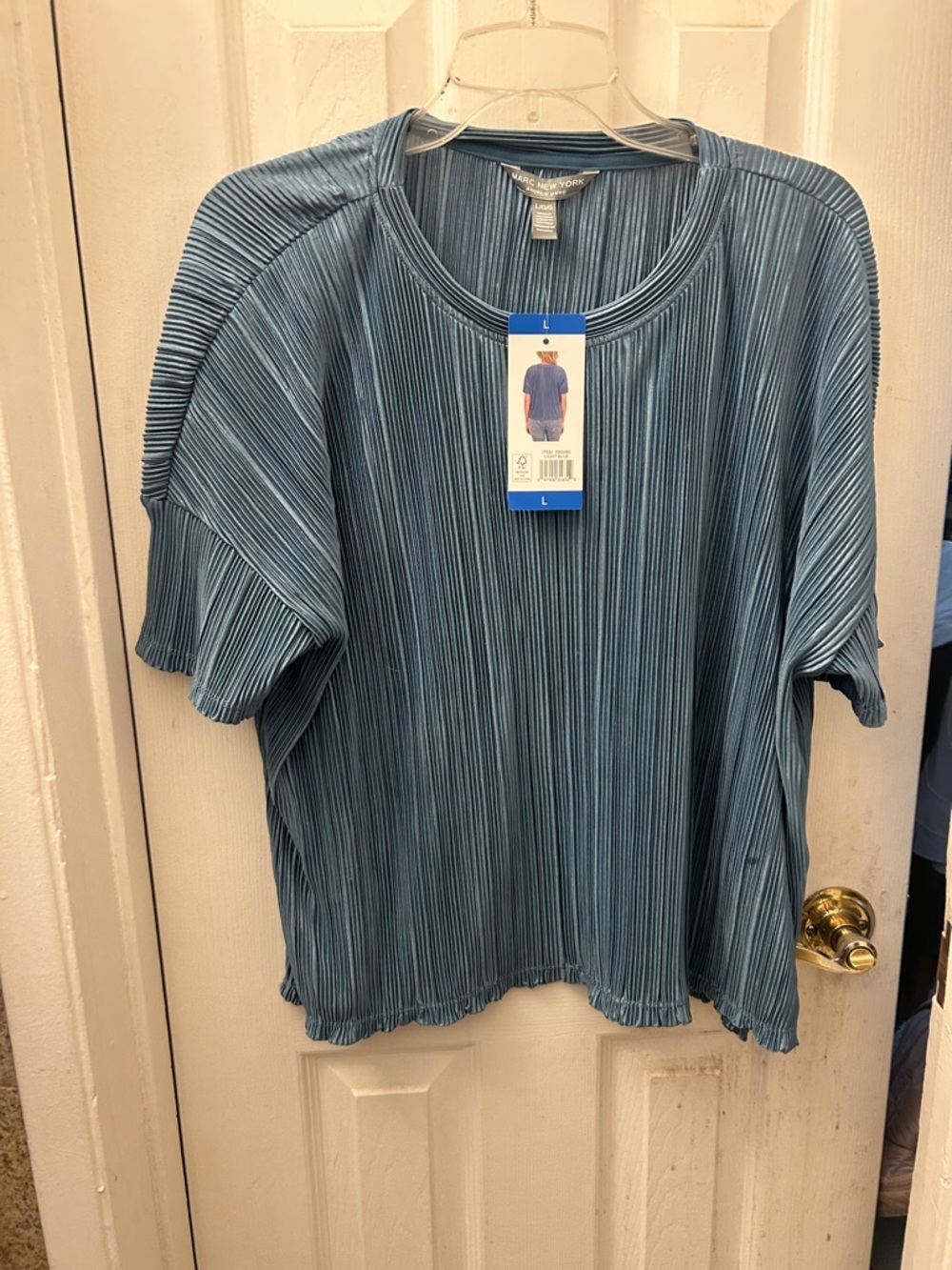 Pleated Short-Sleeve Blouse in Dusty Blue by Marc New York